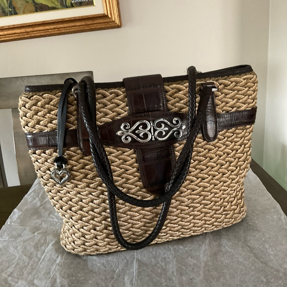 Brighton Natural Raffia & Leather Tote Handbag Purse Pocketbook EUC - Picture 2 of 16